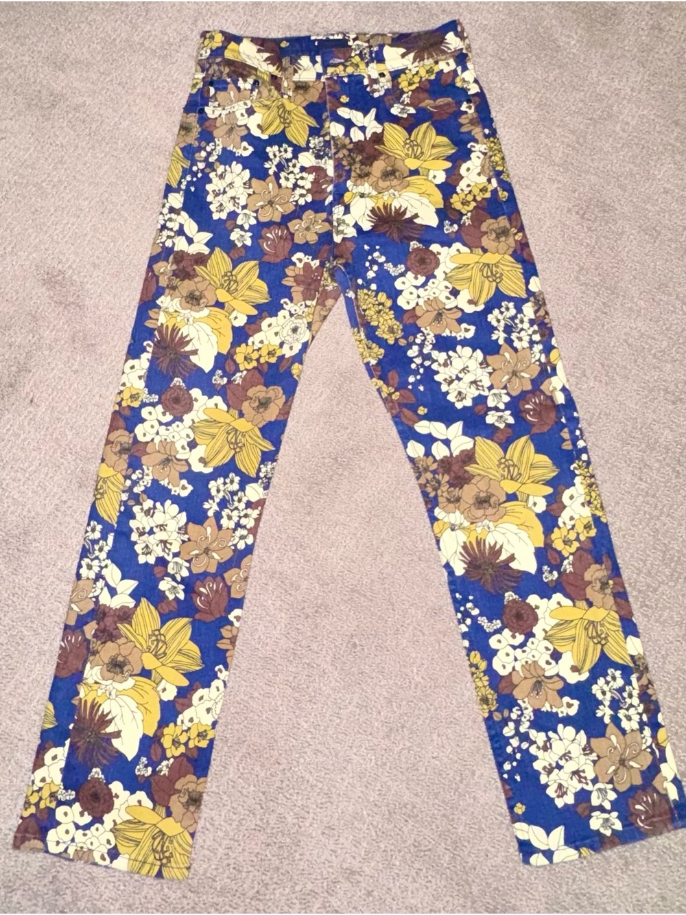 MOTHER Blue Floral Straight-Leg Jeans with Yellow & Brown Accents